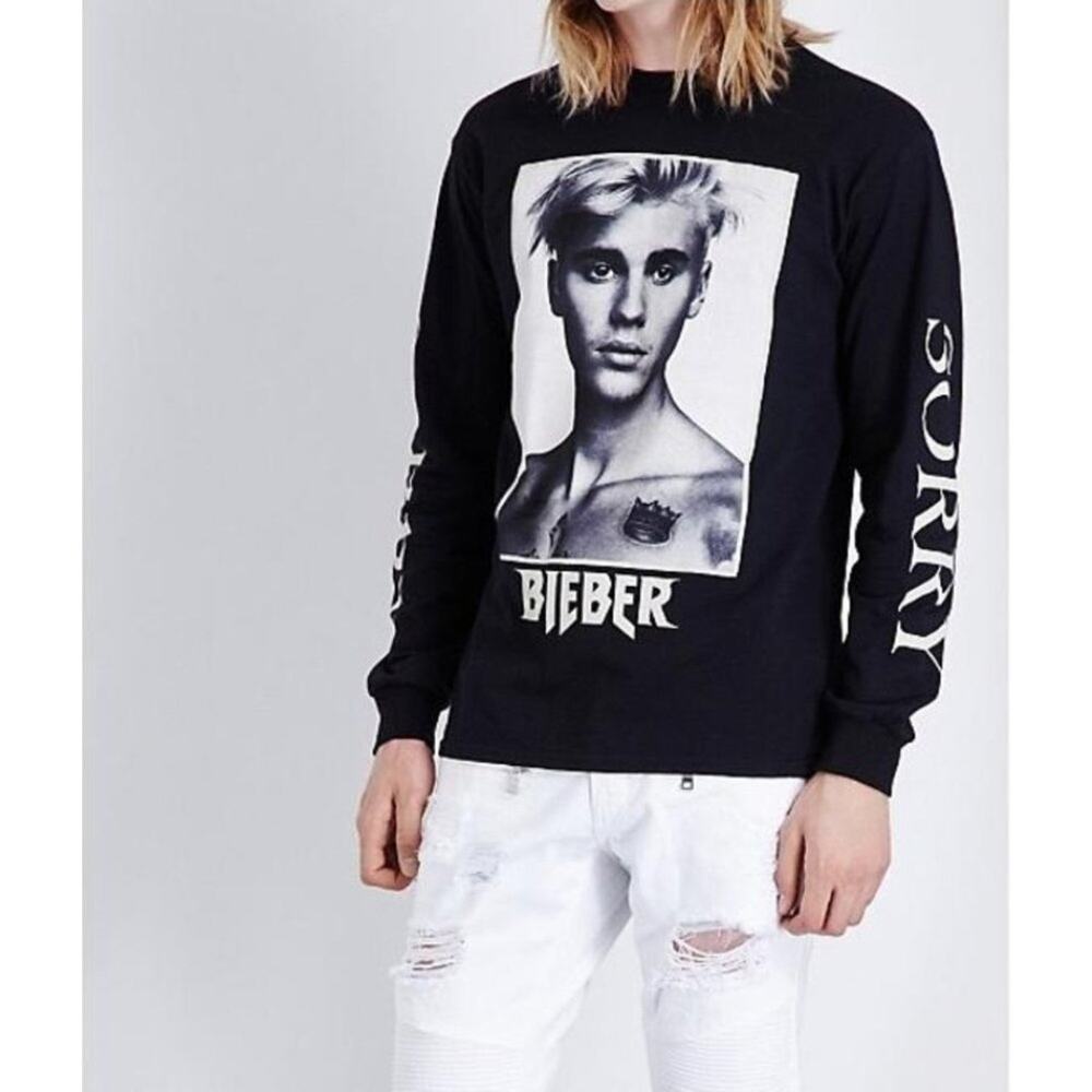 Justin Bieber Purpose Tour "Sorry" Design Black Long Sleeve T-Shirt Size L